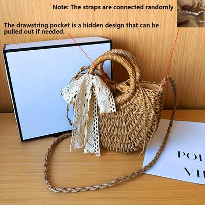 TEMU Elegant Women's Woven Tote Bag - Lightweight Durable Paper Beach & Shoulder Bag With Drawstring Closure, Decorative Bow Detail, Design In Light Brown & Beige For Spring/summer Image