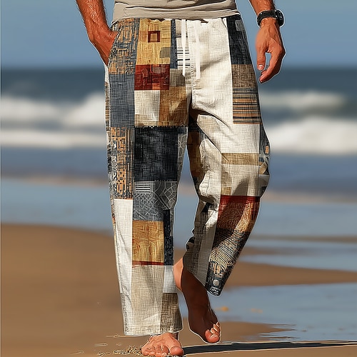 Herren Farbblock Patchwork Hose Baggy-Hosen Freizeithose Mittlere Taille Vintage-Retro Outdoor Urlaub Kordelzug Seitentaschen Elastischer Bund Sommer Frühling 3D-Druck Rot Blau Orange Image