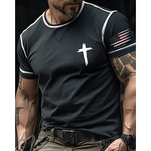 Herren T Shirt T-Shirt Kurzarmshirt Kurzarm Rundhalsausschnitt Sommer Amerikanische US-Flagge Kreuz Mode Designer Basic Druck Urlaub Straße Ausgehen Schwarz Rot Orange Top T-Shirt für Herren Image