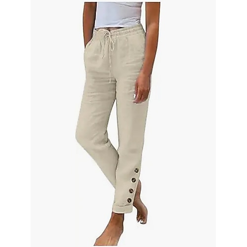 Damen Hose aus Baumwollleinen Hose Sommerhose Strandhose Urlaub Vintage Mode Volle Länge Hohe Taille Einfach Tasche Elastischer Bund Weich Bequem Atmungsaktiv Mikroelastisch Strand Ferien Schwarz Image