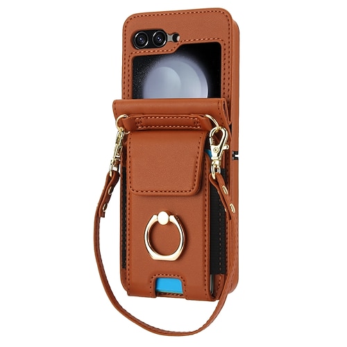 Handy Hülle Handyhüllen Für Samsung Galaxy Z Flip 7 Z Flip 6 Z Flip 5 Z Flip 4 Z Flip 3 Rückseite Ringhalter mit Trageriemen Mit Handgelenkschlaufe Retro TPU PU-Leder Image
