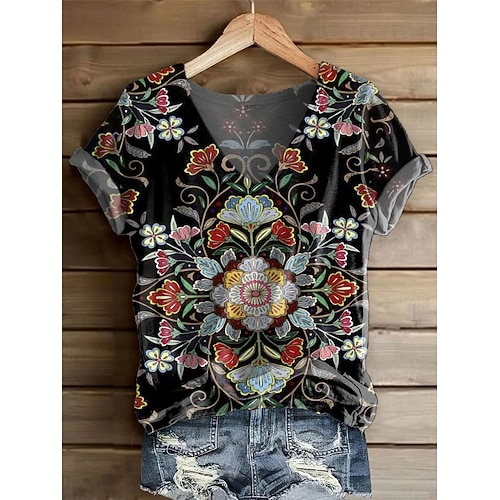 Damen T Shirt Druck Grafik Paisley-Muster Vintage Stilvoll Klassisch Kurzarm V Ausschnitt Normale Oberteile Täglich Schwarz Rote Orange Violett Grau Sommer Frühling Image