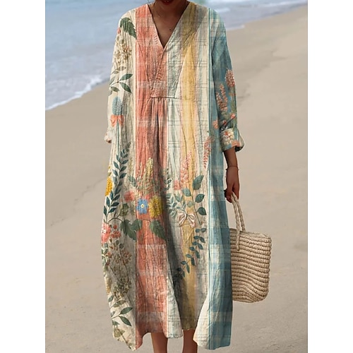 Damen Midi Kleid V-Ausschnitt Lange Ärmel Kaftan Leicht Lockerer Schnitt A-Linien Kleid Lässig Boho Party Ausgehen Floral Grafisch Lange Ärmel V-Ausschnitt Grau Grün Pink Lila Elfenbein Image