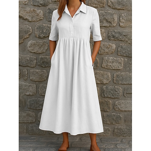 Damen Langes Kleid Maxikleid Kunstbaumwollleinen Hemdblusenkleid Freizeitkleid Elegant Täglich Date Lässiger Schnitt Einfarbig Halbarm Hemdkragen Blau Korallenrot Weiß Grün Sommer Image