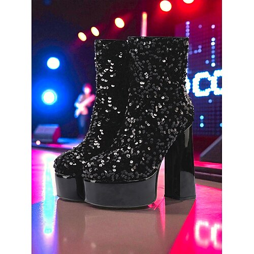 Damen-Plateaustiefeletten im 80er-Jahre-Stil mit goldenen Pailletten – Retro-Disco-Stiefel mit klobigen High Heels für Bühnenshows, Nachtclubs und Kostümpartys Image