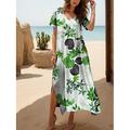 Damen Maxikleid Freizeitkleid Sommerkleid A Linie Kleid Elegant Urlaub Lässig Strand Normale Passform Blumen Grafik Blatt Kurzarm V Ausschnitt Schwarz und Weiß Gelb Rote Blau Sommer Frühling