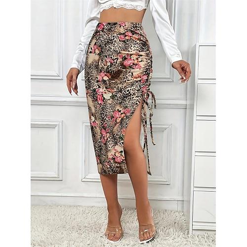 Damen Rock Figurbetont Mode Lässig Midi Hohe Taille Röcke Leopard Blumenmuster Druck Mikroelastisch Party Straße Khaki Sommer Polyester