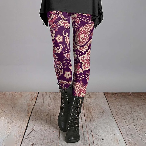 Damen Stoffhosen Leggings Gemütliche Leggings Streetwear Lässig Volle Länge Natürliche Taille Blume Elastischer Bund Druck Bequem Außenbereich Outdoor Urlaub Wochenende Marineblau Rosa Dunkelgrün Image