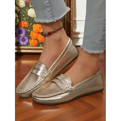 Damen-Pennyloafer in Metallic-Gold, weiche Slip-On-Casual-Flats mit strukturiertem Kunstleder für stylische Outfits und tägliche Verabredungen Image