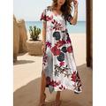 Damen Maxikleid Freizeitkleid Sommerkleid A Linie Kleid Elegant Urlaub Lässig Strand Normale Passform Blumen Grafik Blatt Kurzarm V Ausschnitt Schwarz und Weiß Gelb Rote Blau Sommer Frühling