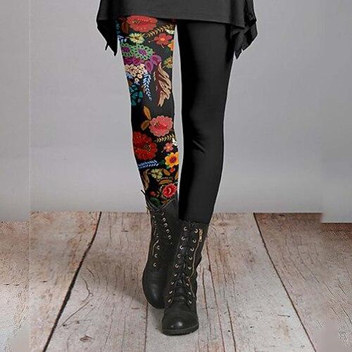 Damen Stoffhosen Leggings Streetwear Lässig Volle Länge Natürliche Taille Blume Elastischer Bund Druck Bequem Außenbereich Outdoor Urlaub Ferien Dunkelgrau Wein Schwarz Herbst Normale Passform
