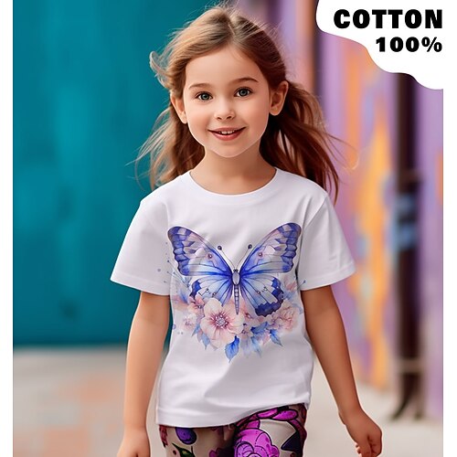 Mädchen 3D Graphic Schmetterling T-Shirt Kurzarm 3D-Druck Sommer Frühling Aktiv Modisch Kuschelig 100% Baumwolle kinderkleidung 3-12 Jahre Outdoor Casual Täglich Regular Fit Image
