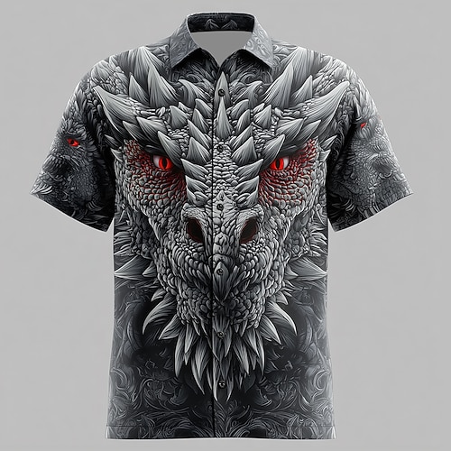 Herren Tiermotiv Drache 3D Hemd Sommerhemd Knopfhemd Kurzarm Dunkler Gothic-Stil Ferien Streetwear Sommer Frühling Umlegekragen 3D-Druck Hemden mit Kragen Schwarz Image