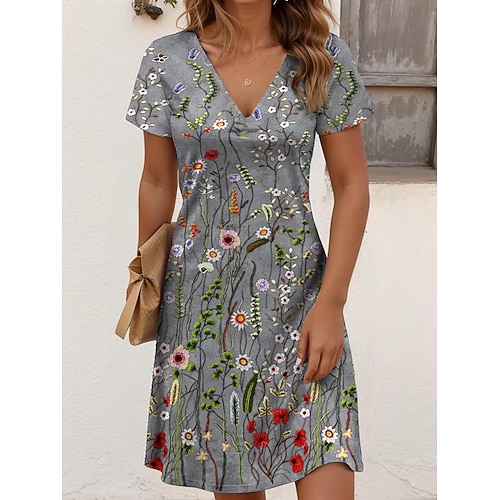 Damen Midikleid T-Shirt-Kleid Sommerkleid A Linie Kleid Urlaub Lässig Strand Strand Ausgehen Normale Passform Blumen Grafik Kurzarm V Ausschnitt Blau Weiß Grün Dunkelblau Sommer Frühling Image