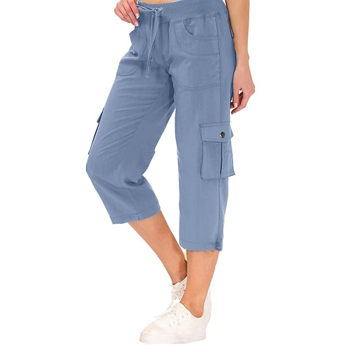 Damen Cargo-Hosen Caprihose Stoffhosen Streetwear Lässig Wadenlang Natürliche Taille Einfach Tasche Elastisches Kordelzugdesign Bequem Außenbereich Urlaub Ferien Alltagskleidung Hellgrau Hellbraun Image