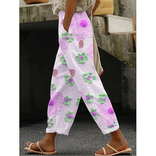 Damen Leinenähnliche Chinos Urlaub Vintage Freizeit Knöchellang Hohe Taille Floral Grafisch Tasche Weich Outdoor Atmungsaktiv Mikrounelastisch Freizeit Alltag Outdoor Violett Hühnerei Blau Gelb Orange Image