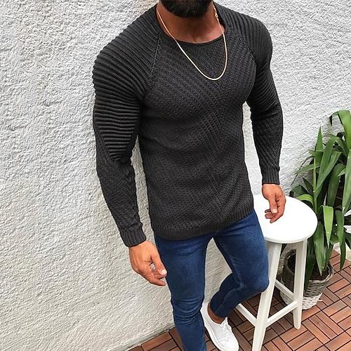 Herren Pullover Gerippt Stricken Normale Oberteile Gestrickt Schmale Passform Einfach Rundhalsausschnitt Strickware Moderne zeitgenössische Lässig Alltagskleidung Bekleidung Herbst Winter Kamel