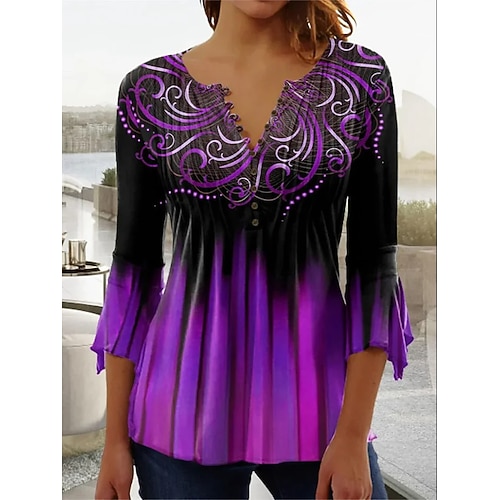 Damen T-Shirt V-Ausschnitt Ombre Floral Grafik Elegant 3/4 Länge Ärmel Regelmäßige Tops Alltag Ausgeh Knöpfe Grasgrün Schwarz und grau Blau Lila Grün Sommer Frühling Herbst Image