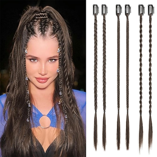 6-teilige Clip-in-Zopf-Haarverlängerungen für Frauen, 14 Zoll, Clip-in-Zöpfe, synthetische geflochtene Haarteile für die tägliche Kostümparty, mittelblond mit blassen Strähnchen Image