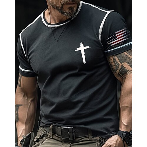 Herren T Shirt T-Shirt Kurzarmshirt Kurzarm Rundhalsausschnitt Sommer Amerikanische US-Flagge Kreuz Mode Designer Basic Druck Urlaub Straße Ausgehen Schwarz Rot Orange Top T-Shirt für Herren Image