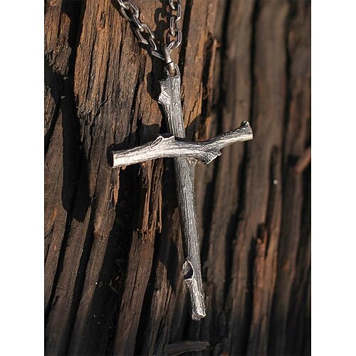 Rustikale Halskette mit Kreuzanhänger für Herren – gotisches Design mit Holzstruktur aus Legierung für Halloween-Partys und Vintage-Punk-Stil Image