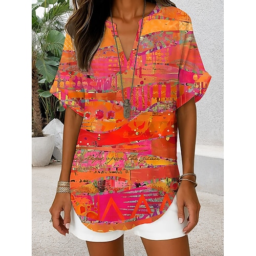 Damenbluse Leinenähnlich Atmungsaktiv Leicht Grafik Geometrisch Elegant Bohemia Tropisch Ärmellos Kurzarm Regelmäßige Oberteile Tägliche Urlaub Strandmode Gelb Rot Blau Orange Braun Sommer Frühling Image