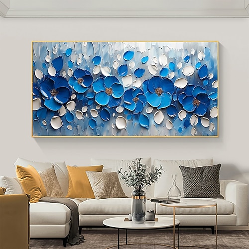 handgemachtes originales blaues florales Strukturölgemälde auf Leinwand abstrakte Blumenwandkunst für Wohndekoration mit gespanntem Rahmen ohne Innenrahmengemälde Image
