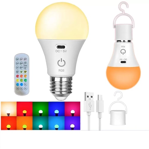 LED-Lampe dimmbar, mehrfarbig, RGB-Glühbirne, 2000 mAh, wiederaufladbare Glühbirne, A65-Licht, intelligente Fernbedienung, Heimdekoration, Outdoor-Aktivitäten und Camping Image