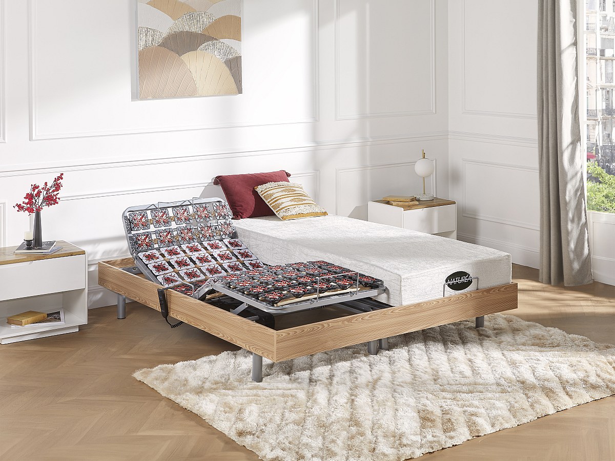 Set da relax, con sospensioni, memory foam e bambù LYSIS III di NATUREA - Motori OKIN - 2 x 80 x 200 cm - Quercia naturale