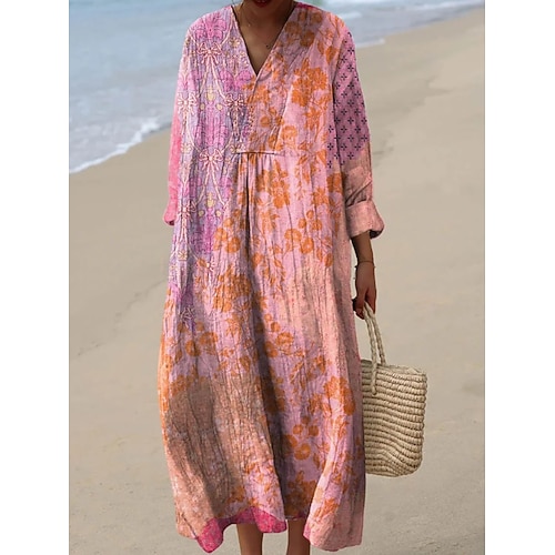 Damen Midi Kleid V-Ausschnitt Lange Ärmel Kaftan Leicht Lockerer Schnitt A-Linien Kleid Lässig Boho Party Ausgehen Floral Grafisch Lange Ärmel V-Ausschnitt Grau Grün Pink Lila Elfenbein Image
