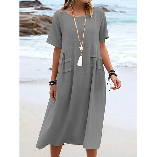 Damen Baumwolle Leinen Midi Kleid T-Shirt Kleid Tee Kleid Sommer Kleid Lässiges tägliches Reguläre Passform Unifarben Kurzarm Rundhals Schwarz Orange Aprikose Grau Sommer Image