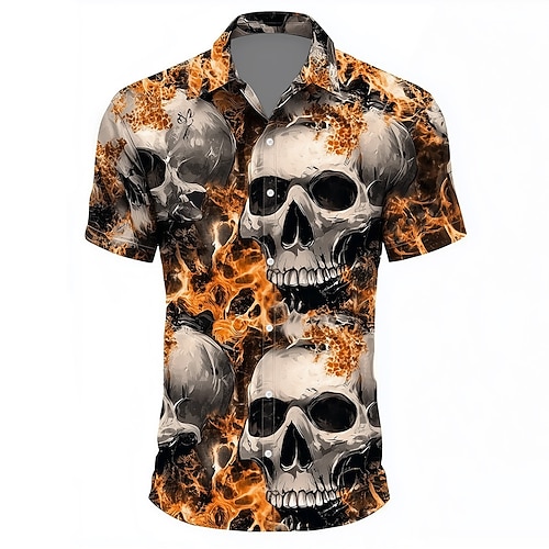 Herren 3D Oktoberfest-Bier Totenkopfe Hemd Sommerhemd Knopfhemd Kurzarm Vintage-Retro Outdoor Ferien Sommer Frühling Umlegekragen 3D-Druck Hemden mit Kragen Schwarz 1 Schwarz Orange Image