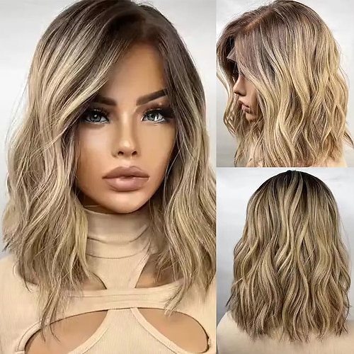Remy Echthaar 5x5 Verschluss 13x4 Spitzenfront Perücke Kurzer Bob Brasilianisches Haar Gewellt Blond Mehrfarbig Perücke 130% 150% Haardichte mit Babyhaaren Hervorgehobenes / Balayage-Haar 100 Image