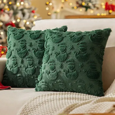 Weihnachts-Kissenbezüge mit grünem Schneemann, 45,7 x 45,7 cm, weicher Kunstfell-Weihnachtskissenbezug für Couch, Sofa, Urlaub, Winterdekoration Image