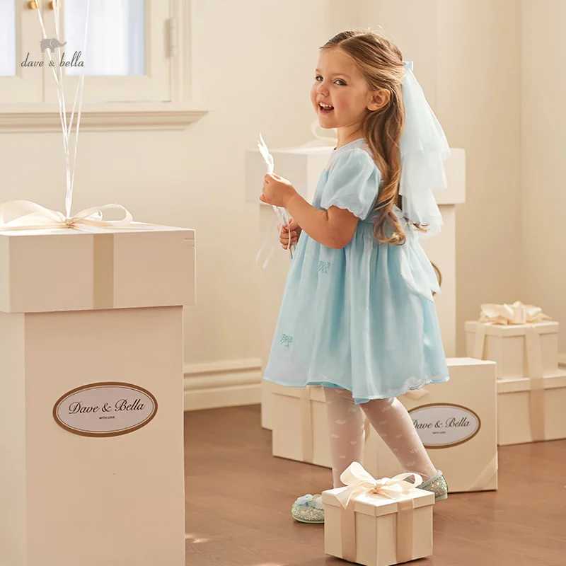 Dave Bella Girls Prinzessin Kleid neue Sommer Kinder Baby kurze Ärmel blau Mesh süßen Charme edel edle Party db2240418 Image