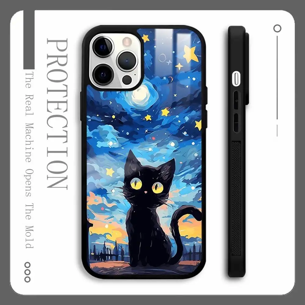 Süße schwarze Katze Sternenhimmel Handyhülle für IPhone 16 15 14 13 12 11 Pro Max Plus Mini Plus Hard Mirror Surface Protect Funda Image