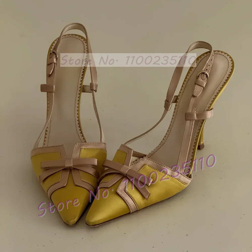Gelbe Satin-Slingback-Sandalen mit rosa Schleife für Damen, edle Patchwork-Sandalen mit spitzen Absätzen, Sommer-Kleiderschuhe in verschiedenen Farben Image