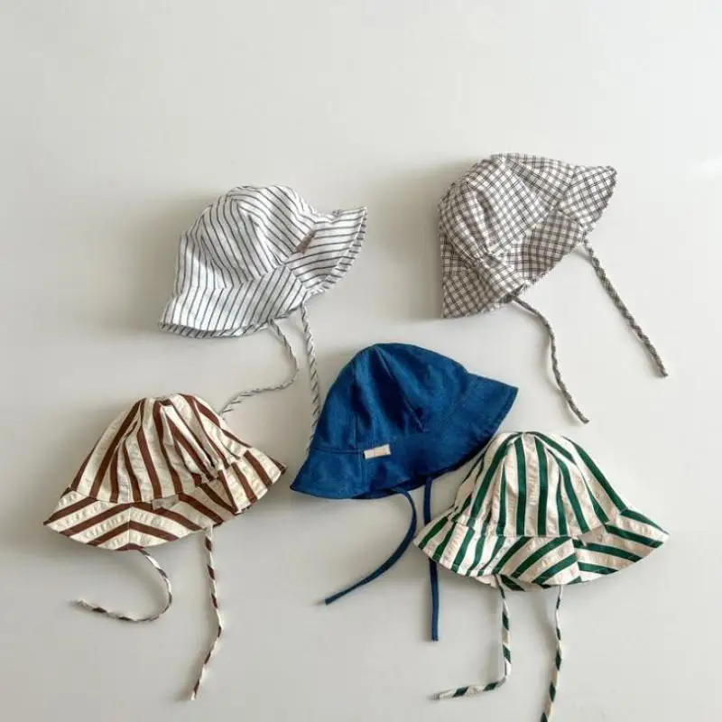 Neue Junge Kinder Gestreiften Schnürung Fischer Kappe Mädchen Baby Feste Beiläufige Sonnencreme Hut Infant Baumwolle Caps Kind Winddicht Becken hüte Image