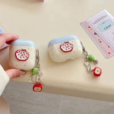Blaue und weiße Farbkollision, niedliche Apfel-Knopf-Dekoration mit Charm-Anhänger, Kopfhörer-Hülle für AirPods 1, oder 2, 3, 4, Pro 2 Image