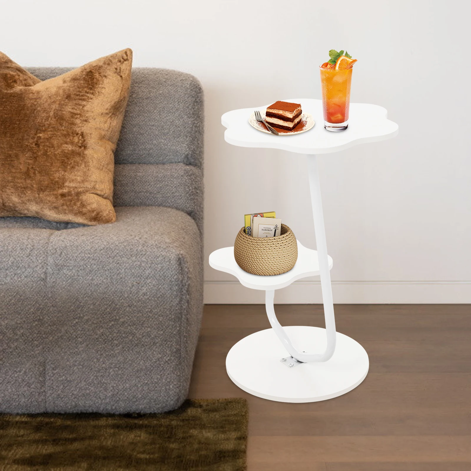 2-stufiger cremeweißer kleiner Beistelltisch, moderner Couchtisch, kleiner Sofa-Beistelltisch für Wohnzimmer, Büro, Café, Arbeitszimmer Image