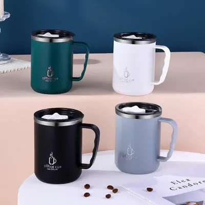 Coffee Mug 500ml/17oz 304 Stainless Steel Water Bottle Double Layers Milk Cup With Plastic Lid And Handle
