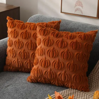 Halloween-Kissenbezug, Herbst-Kürbis-Plüsch, einfarbig, versteckter Reißverschluss, quadratisch, Samt, Schlafzimmer, Wohnzimmer, Sofa, Dekor, Kissenbezug, 45 cm Image