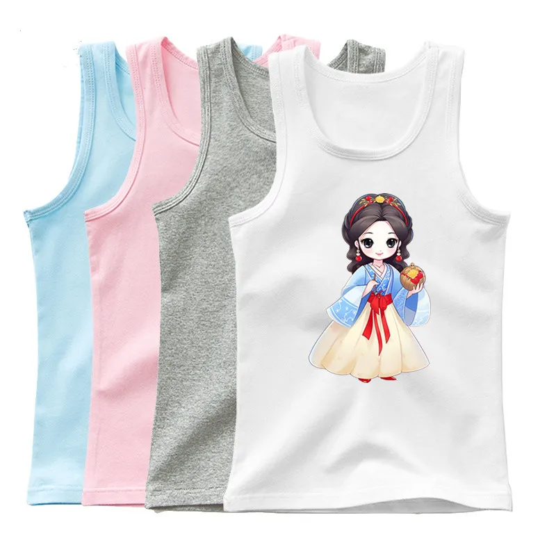 Vintage Prinzessin Print Baumwolle Weste ärmelloses rosa T-Shirt für Mädchen Kinder Mode Camisole Tank Top Basic Tees