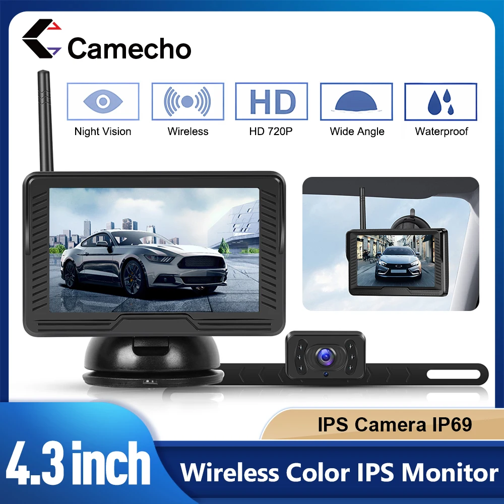 Camecho 4,3-Zoll-IPS-Bildschirm, Auto-Rückmonitor, kabellose Rückfahrkamera, wasserdichte Nachtsicht-Rückfahrkamera für Parksystem Image