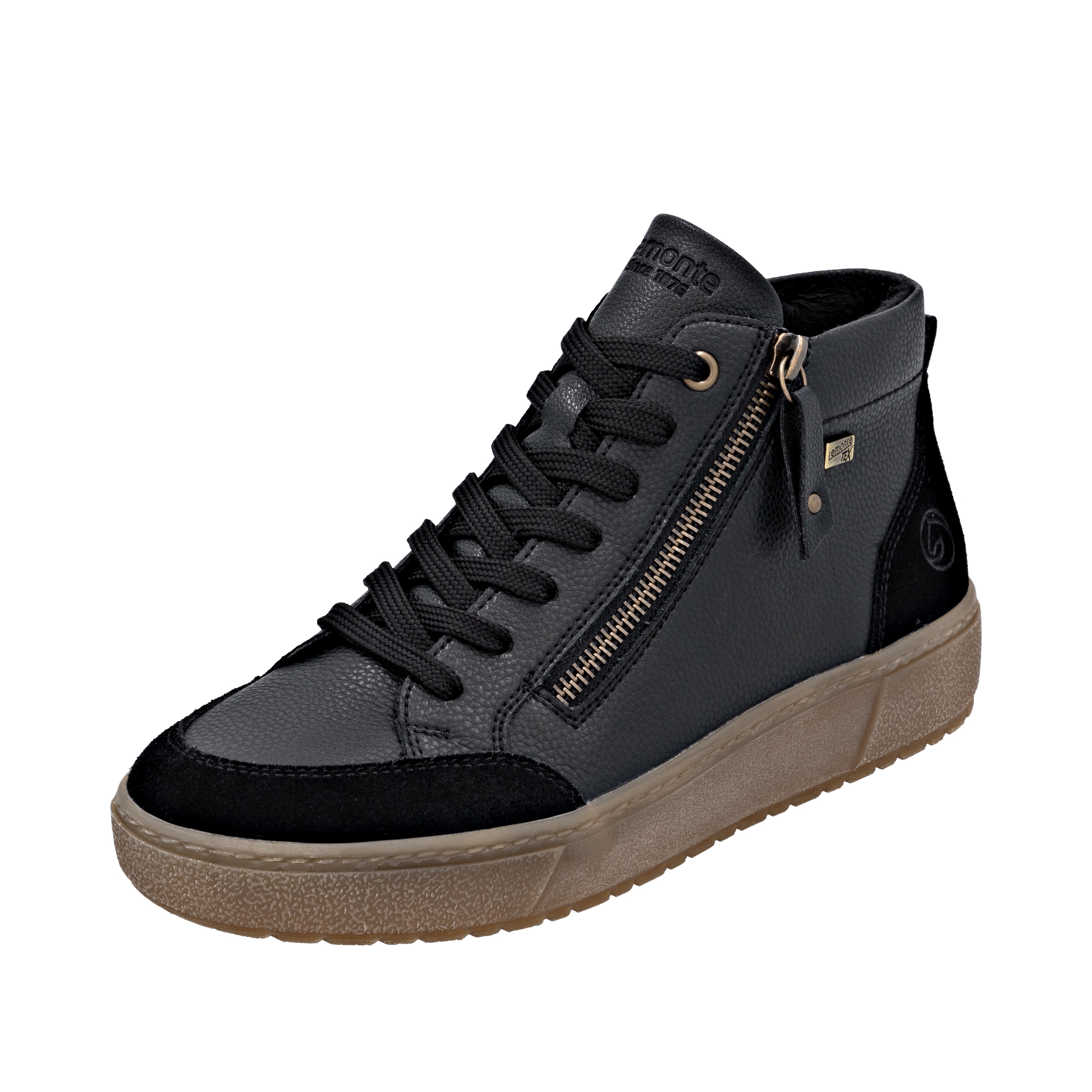 Plateausneaker REMONTE, Damen, Gr. 41, schwarz, Leder, Lederimitat, Veloursleder, unifarben, Basic, Schuhe Plateausneaker, Schnürboots, Stiefelette mit wasserabweisender TEX-Membran, Topseller