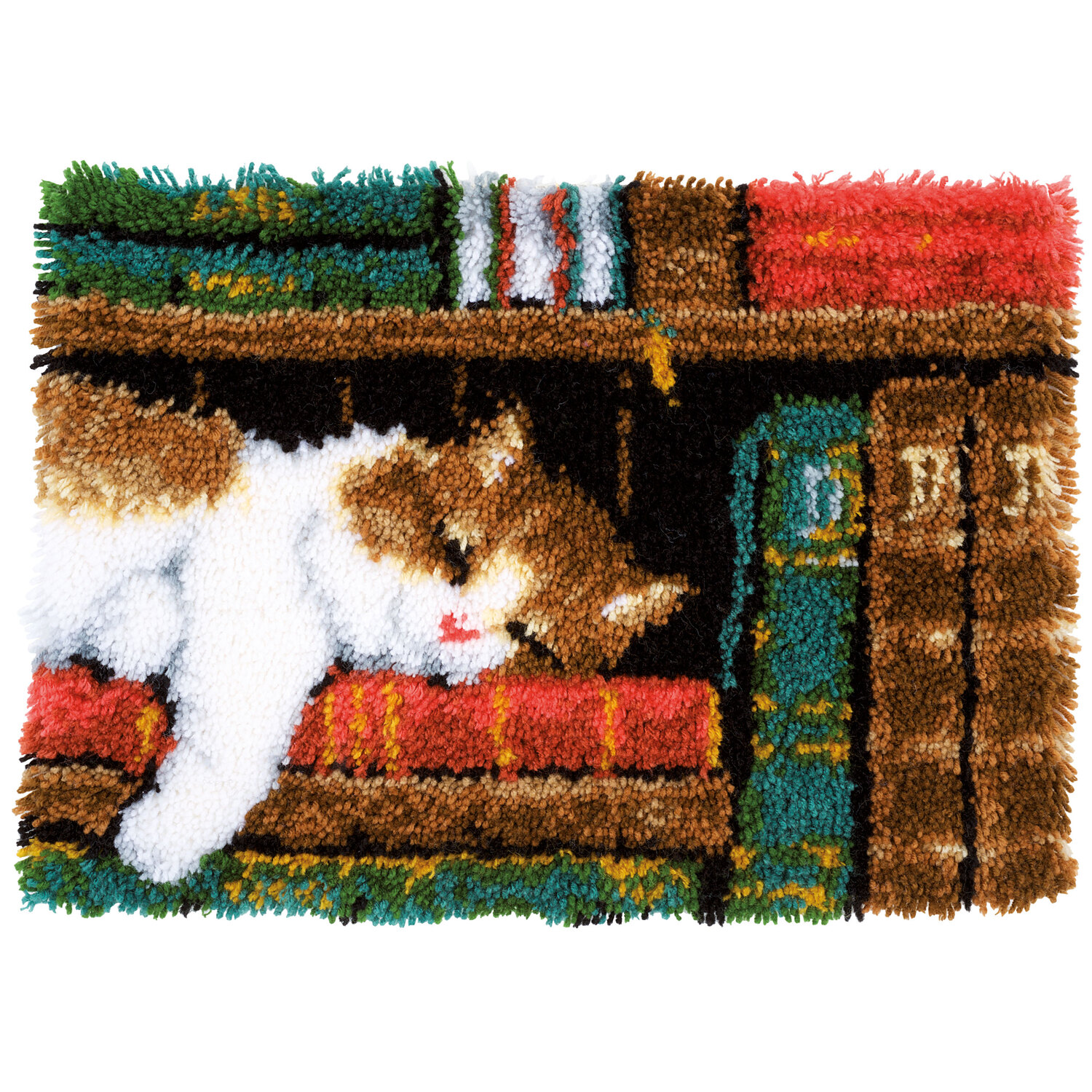 Tapis au point noué "chat sur livre", 53 x 39 cm