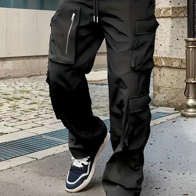 TEMU Men's Casual Cargo Pants With Multiple Zippered Pockets - Loose Fit, Elastic Waistband, Black, Spring/fall Outdoor Activities, Attire | Relaxed Fit Pants | Functional Pockets Image