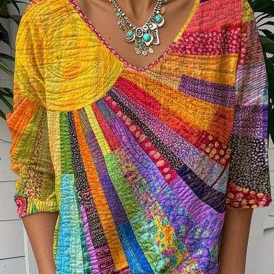 TEMU Women's Long Sleeve Casual T-shirt - Vibrant All-, Relaxed Fit For Autumn/winter, Machine Washable Versatile Top For Home, & Resort Style, , Pattern, Quality Stitching, Stylish Blouse, Image