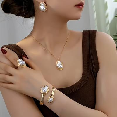 TEMU Modern European Style Four-piece Jewelry Set With Irregular Pearl Necklace, Earrings, And Bracelet Combination - Women's Romantic Gift Image