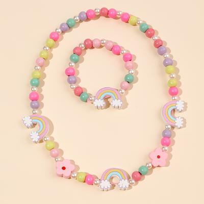 TEMU 2pcs Cartoon Candy Color Flower Rainbow Mixed Color Diy Wooden Bead Bracelet Necklace Set For Girls Fashionable Cute Versatile Accessories Image